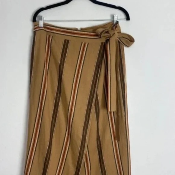 Worthington Linen Blend Midi Wrap Skirt Striped Brown Yellow Slit Size 6 - Picture 4 of 5